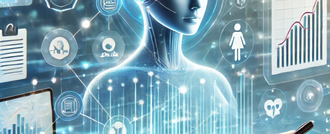 Illustration depicting a futuristic AI assistant in a digital environment interacting with various business elements, such as documents, charts, communication tools, and checklists, symbolizing workflow automation. The background features an abstract digital interface with flowing lines and data nodes, suggesting advanced technology and seamless process management.