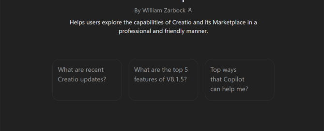 Screenshot of the Creatio Helper GPT. The header reads 'Creatio Helper' by William Zarbock, with a brief description of its function to assist users in exploring Creatio's capabilities